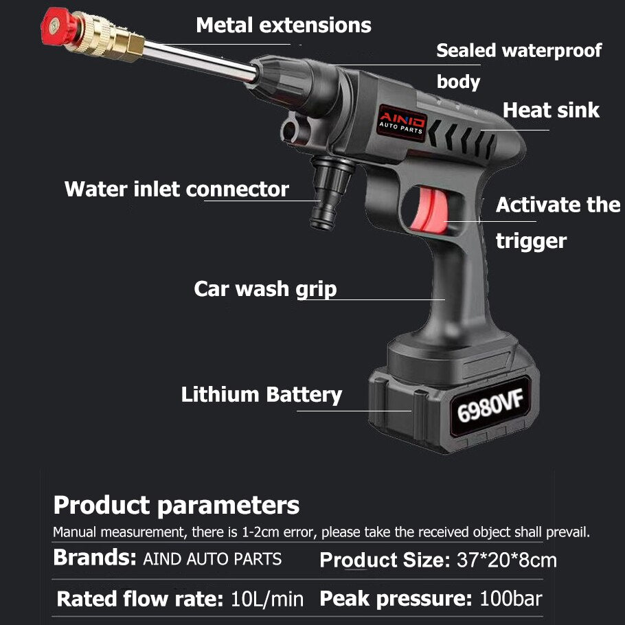(💧 NETTOYAGE) Pistolet de lavage de voiture à haute pression, Portable, sans fil, avec buse réglable, batterie Li-ion, 30000mAh, 60 bars.